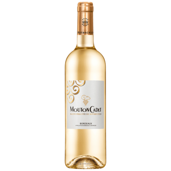 Mouton Cadet Bordeaux wine bottle on a gray background