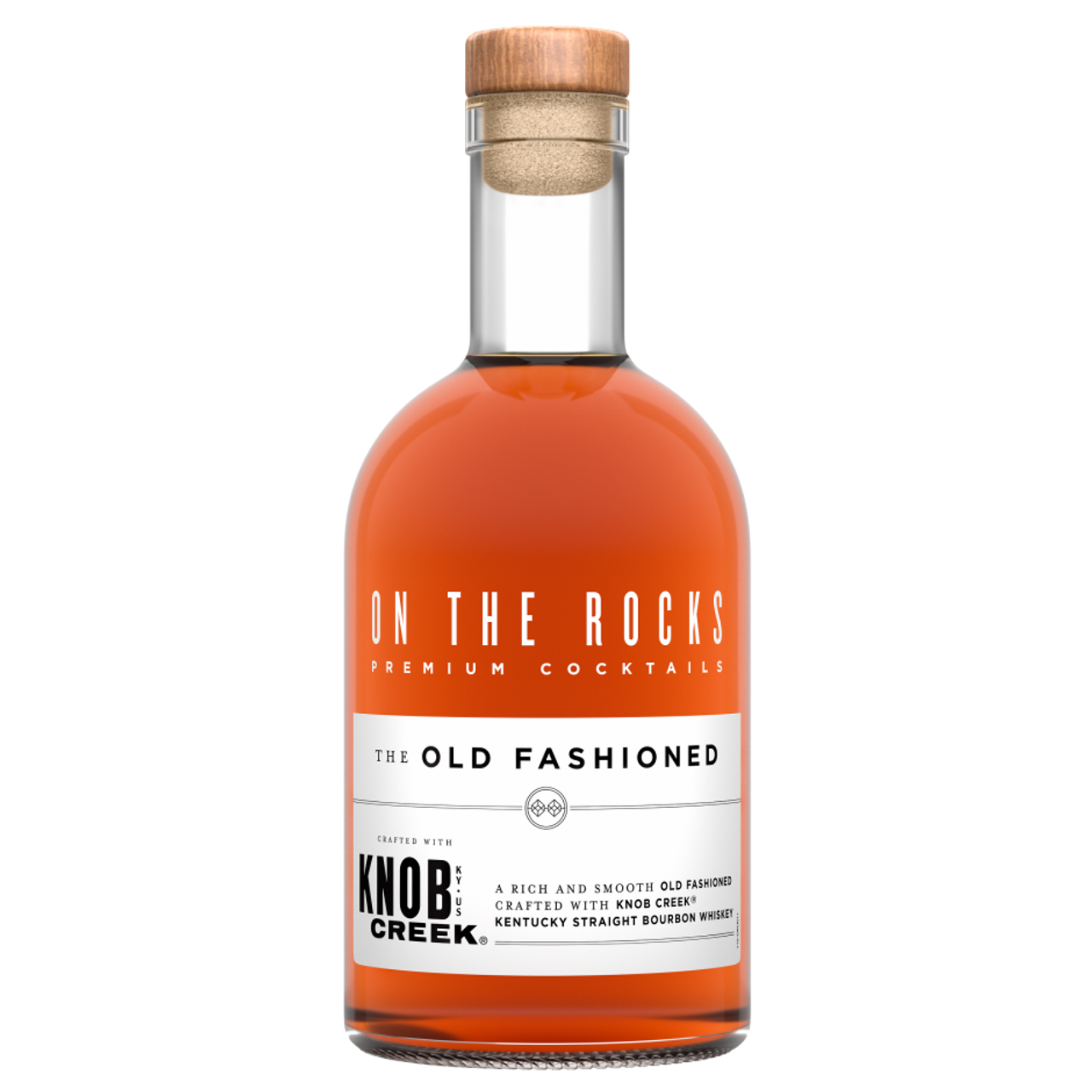 Bottle of 'On The Rocks' Old Fashioned cocktail with Knob Creek bourbon on a white background