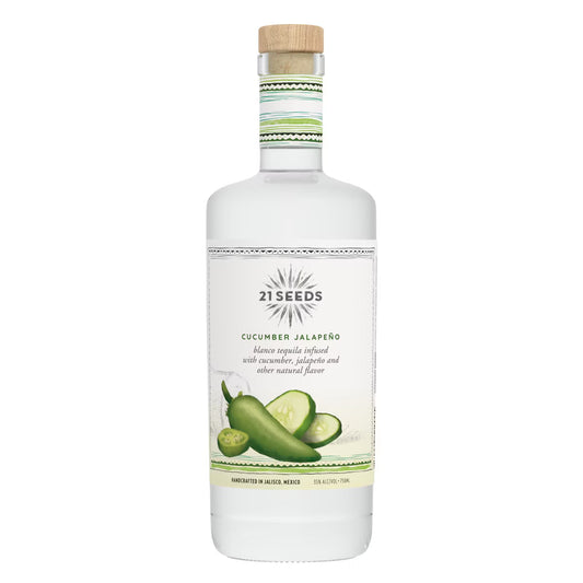 Bottle of 21 Seeds cucumber jalapeño vodka on white backround