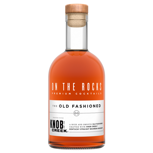 Bottle of 'On The Rocks' Old Fashioned cocktail with Knob Creek bourbon on a white background