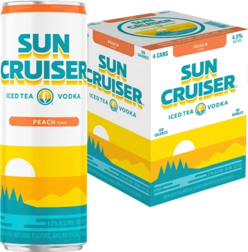 Sun Cruiser Peach iced tea vodka can and box packaging