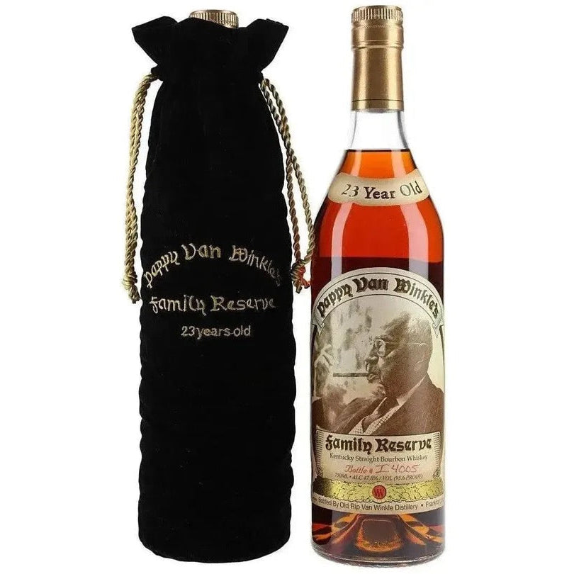 Bottle of Buffalo Trace Family Reserve  23 year old bourbon with a black velvet bag on a white background