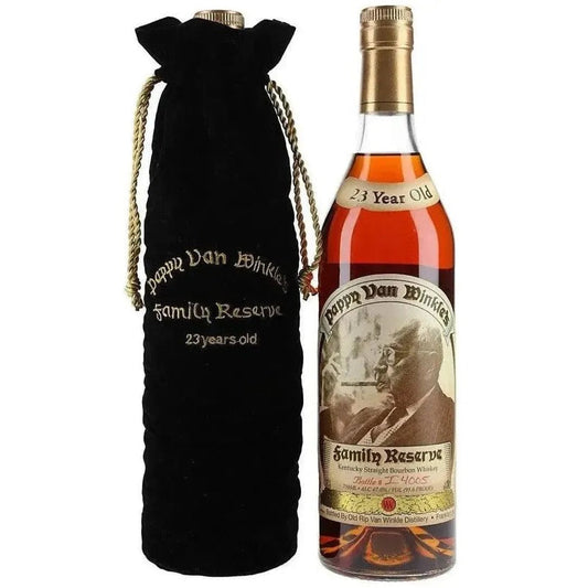Bottle of Buffalo Trace Family Reserve  23 year old bourbon with a black velvet bag on a white background